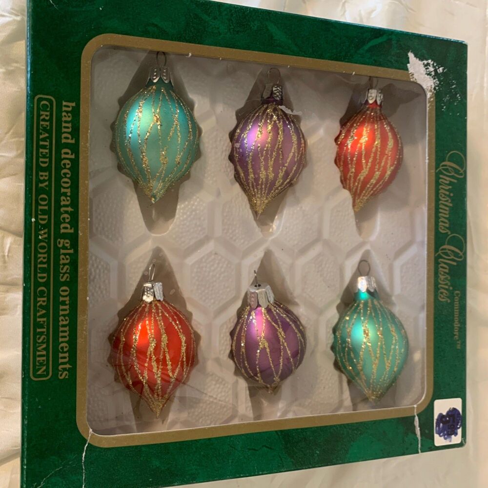 Christmas Classics Glass Teardrop Ornament Feather Tree 6 Hand Decorated READ